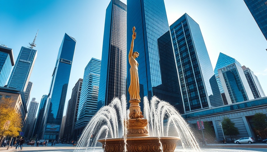 Modern cityscape with a statue and skyscrapers in one of the happiest cities in America 2025.