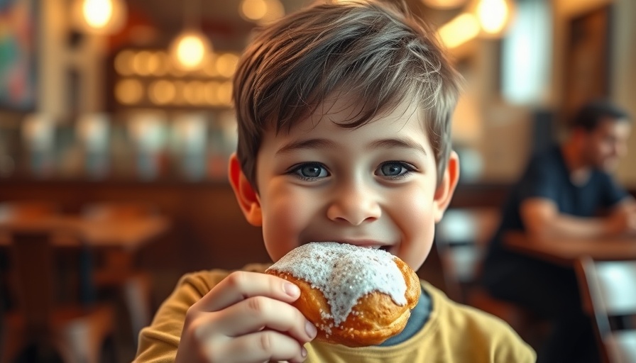 Young boy enjoying a beignet with a playful smile.