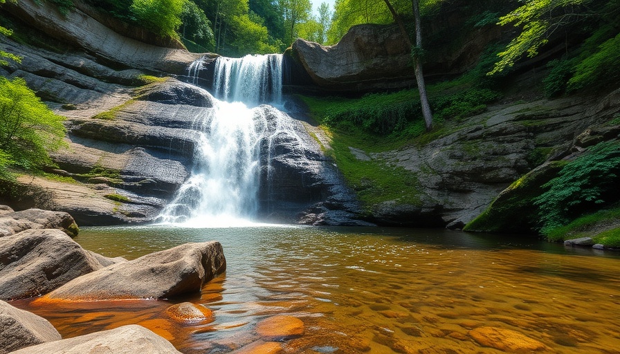 Waterfall at McGalliard Falls Park in lush forest.