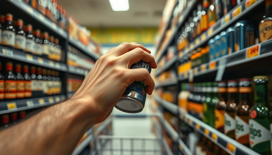 Close-up of hand selecting beer cans with a shopping basket.