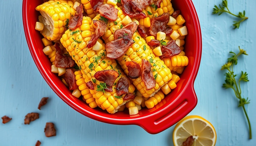 Vibrant fried corn recipe in red baking dish.