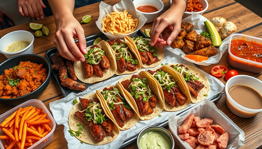 Assorted BBQ dishes in Charlotte NC with tacos and sides.