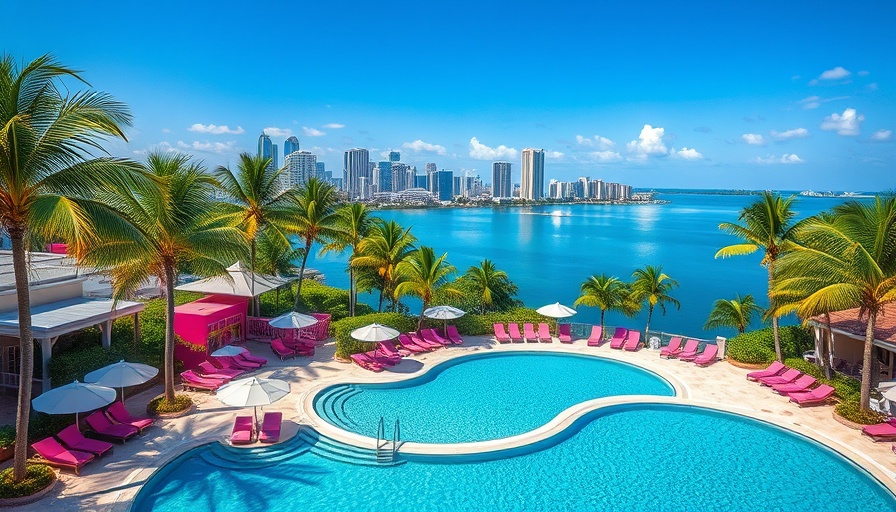 Luxurious Miami pool parties scene with cabanas and skyline.