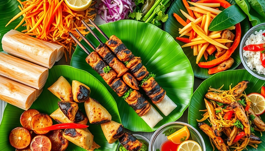 Vibrant Vietnamese buffet with fresh spring rolls and skewers.