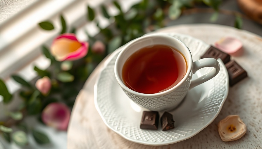 Steaming cup of tea with chocolate on an elegant saucer.