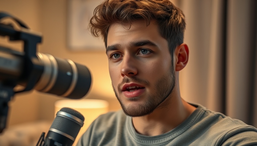 Young man discussing AI-powered translation indoors with microphone.