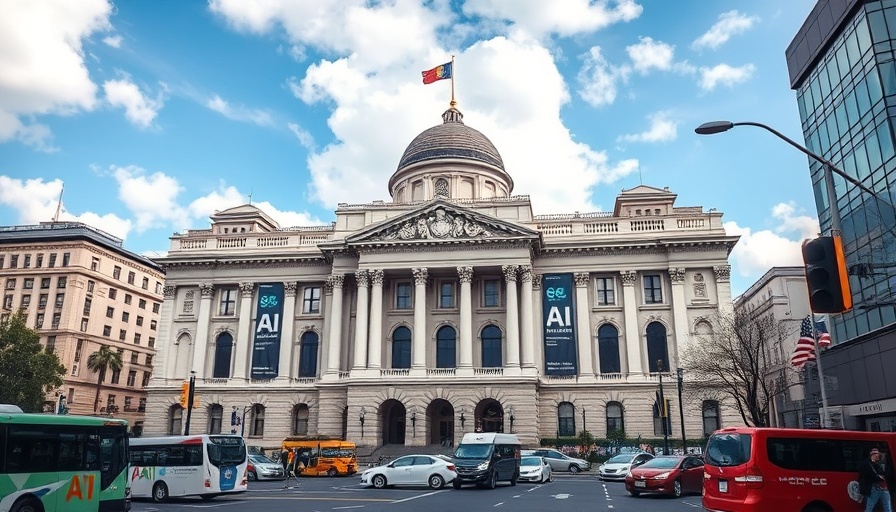 AI regulation policy changes depicted in front of government building.