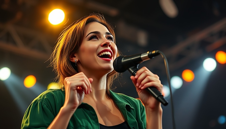 Energetic young female singer at Charlotte fall concert.