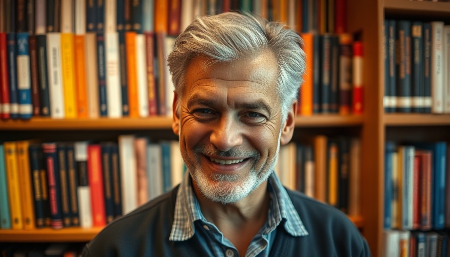 Portrait of a man in a bookstore with bookshelves, Tokyo food city inspiration.