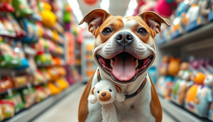 Joyful Nashville rescue dog with toy in pet store aisle.