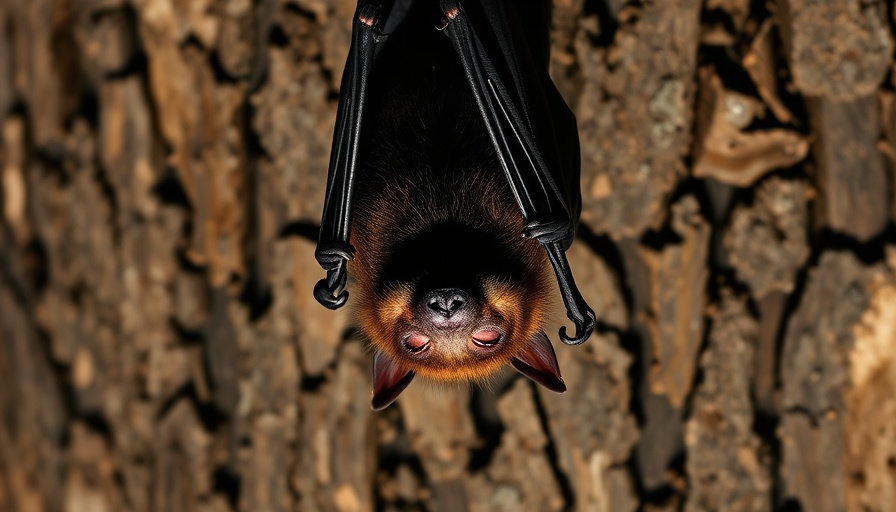 Close-up of a bat hanging on tree bark in North Carolina.