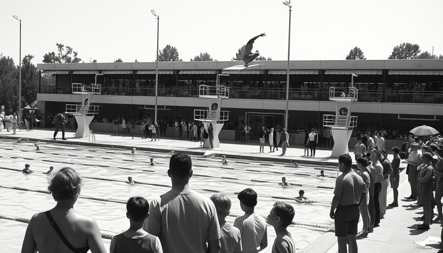 Historic swimming pool scene at Lincoln Beach New Orleans, diver on platform.