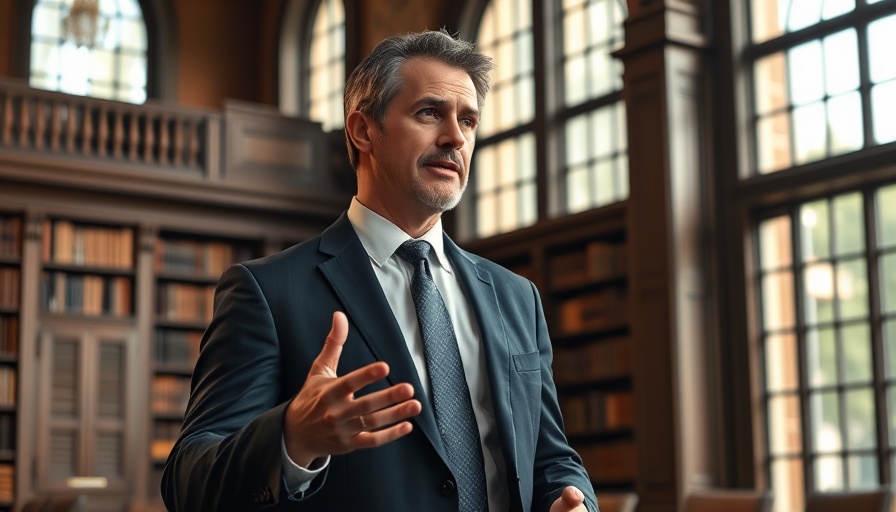 Man in suit discussing LSU record enrollment in a library setting.