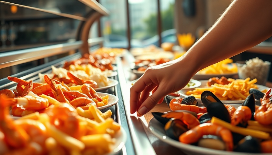 Seafood buffet with prawns and fries in warm lighting.