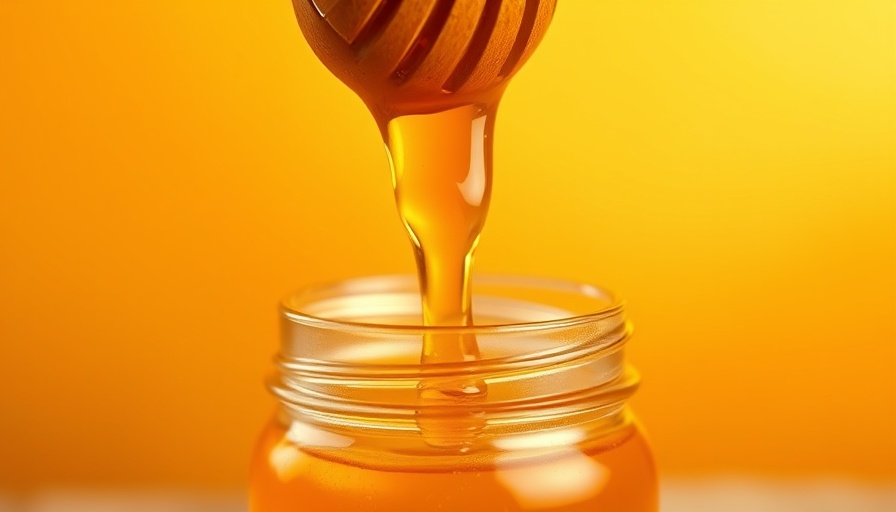 Golden honey dripping from dipper into a jar against a warm background.
