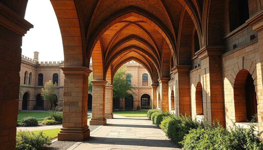 Sandstone archway in a sunlit university courtyard, ancient design.