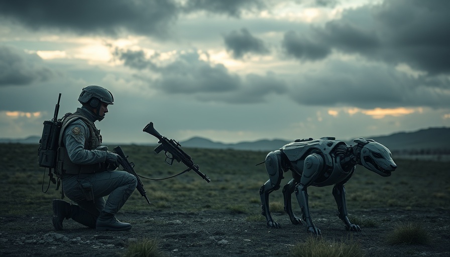 AI societal challenges in modern warfare: soldier, robot, dramatic scene.