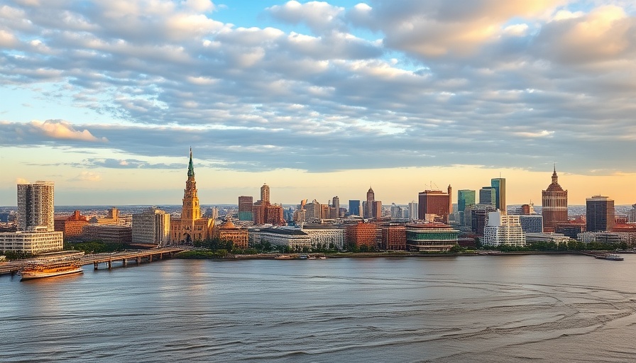 New Orleans skyline viewed from above, featuring the Mississippi River with dynamic clouds.