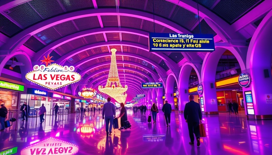 Travelers at Las Vegas airport under neon lights