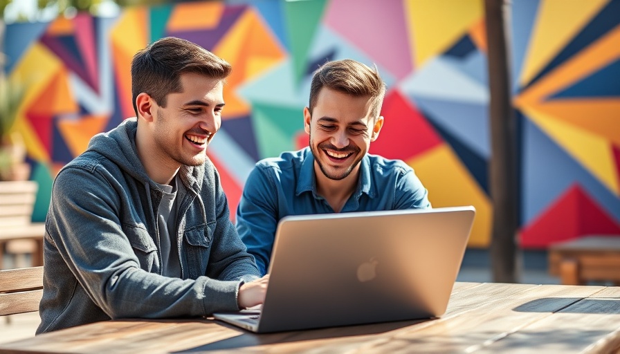 Three men discussing AI society impact over a laptop outdoors.