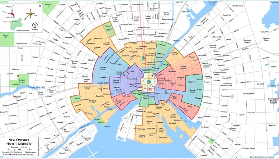Map highlighting New Orleans election district boundaries and streets.