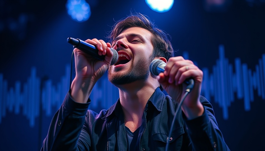 Dynamic AI in music with singer performing, sound waves and AI symbol in background.