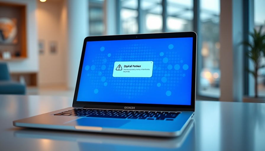 Modern laptop error message against blue dot pattern, Global Call for AI Red Lines.