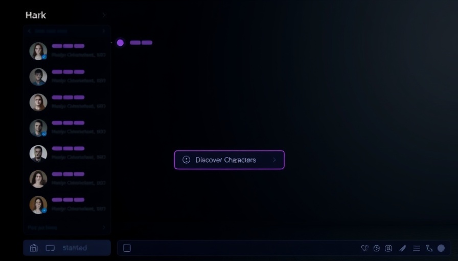 Dark theme chat interface with Discover Characters button, AI and society impact