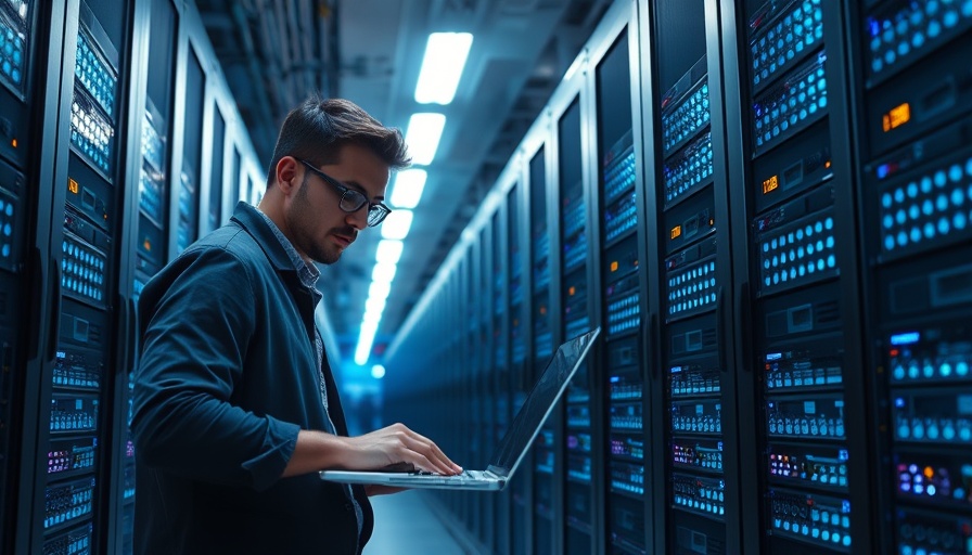 Professional working on a laptop in modern data center, healthcare