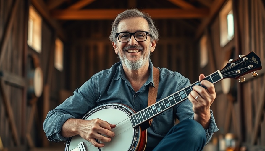 Smiling man in a rustic barn with a banjo, warm lighting.