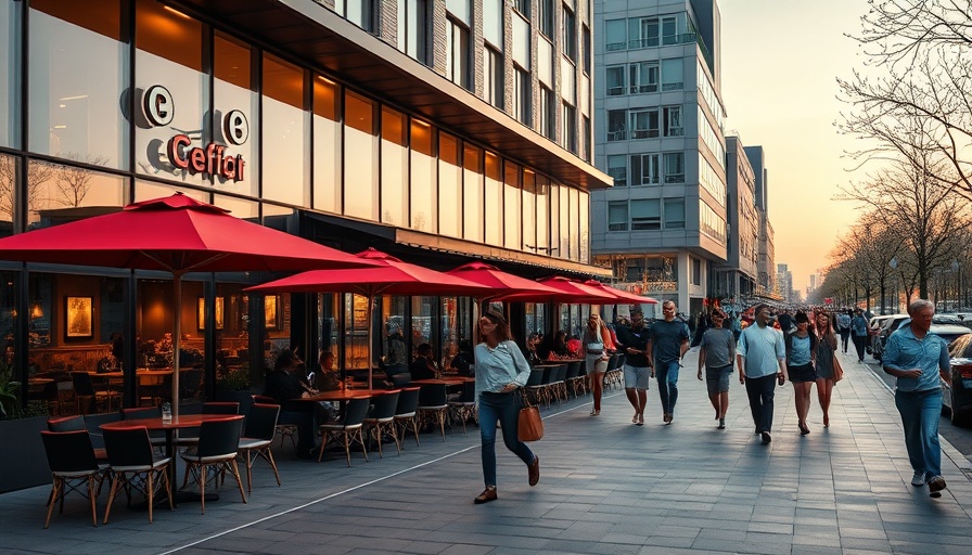 Modern Nashville dining plaza with evening crowd