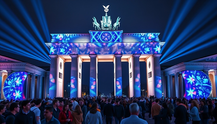 Stunning night view of Berlin's Brandenburg Gate illuminated with colorful lights.