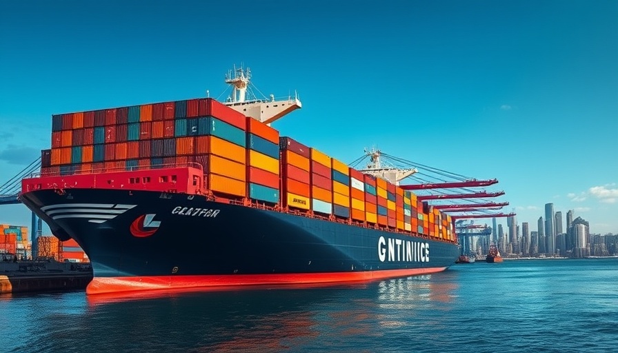 Container ship at port near Fisher Island, vibrant skyline.
