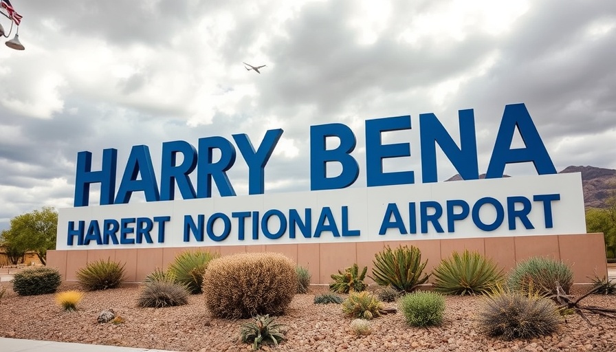 Harry Reid International Airport sign in Las Vegas, cloudy day.