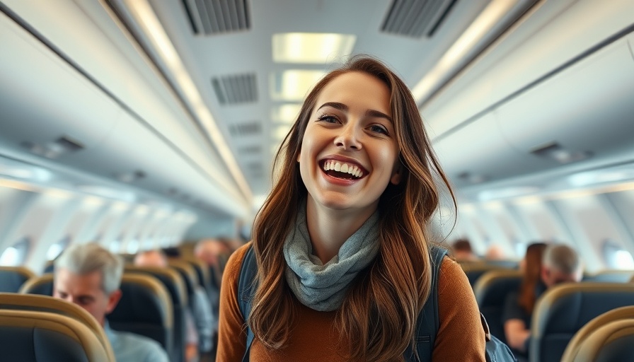 Cheerful woman on plane for Breeze Airways Cancun Flights New Orleans.