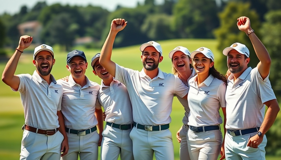 Golf team celebrating a Ryder Cup Euro Win, smiling on the course.
