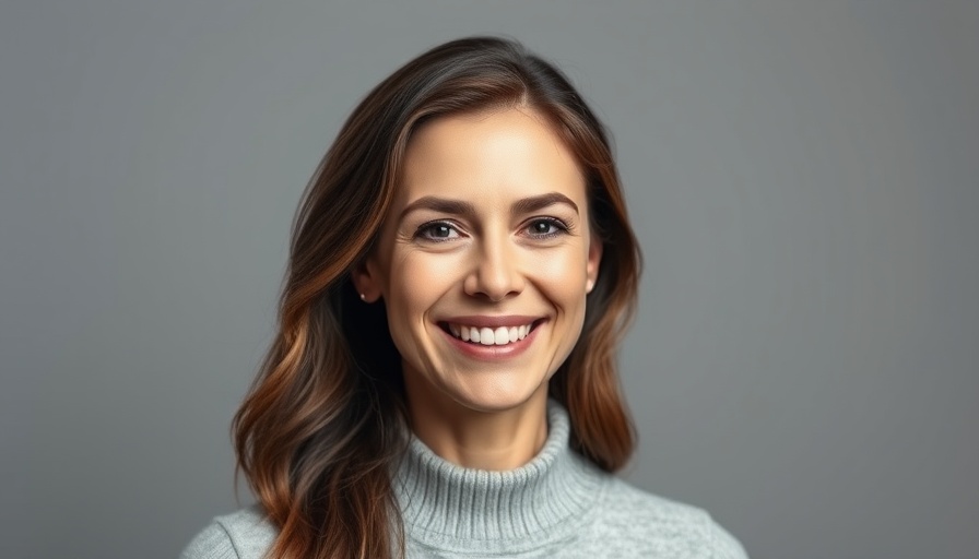 Confident woman smiling, New Orleans business news, gray background.