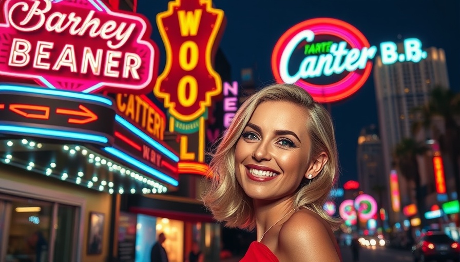 Glamorous woman with vintage restaurant signs, Hollywood night scene.