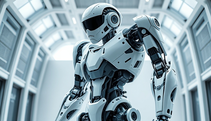 Futuristic humanoid robot in a tech workspace