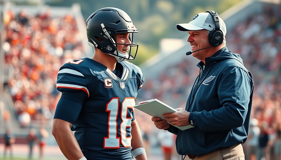 Energetic scene of football player and coach on field - Raiders Bears preview