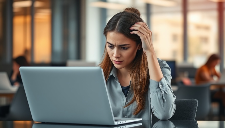 AI-generated workslop: Stressed woman holding head at office desk.