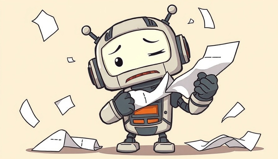 Cartoon robot tearing papers in AI self-evolving systems theme.