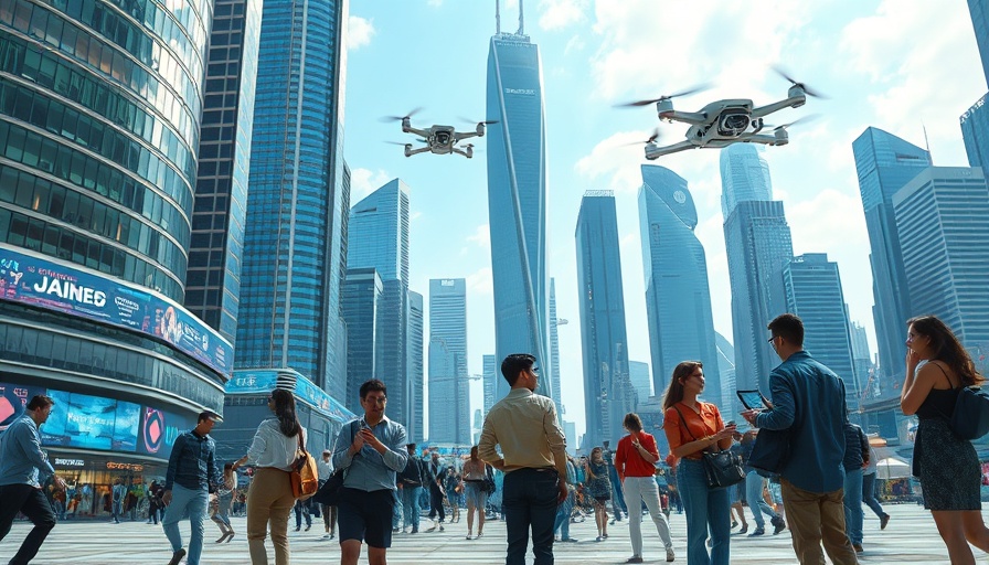 Futuristic city with advanced smart matter technology in use.
