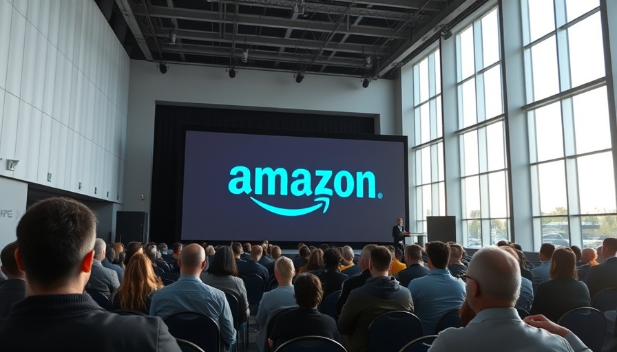 Amazon 2025 hardware announcements stage with attendees and logo.