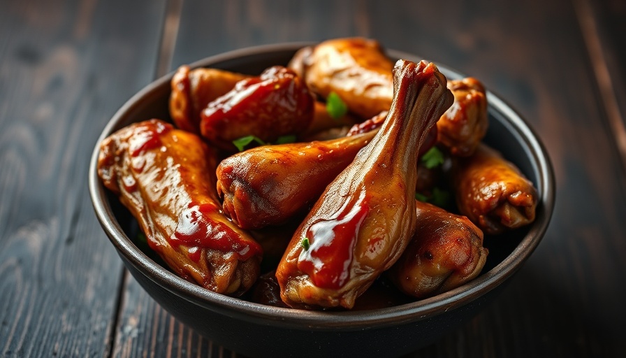 Deliciously glazed grilled wings in a bowl with dips and sauces on a rustic table setting.