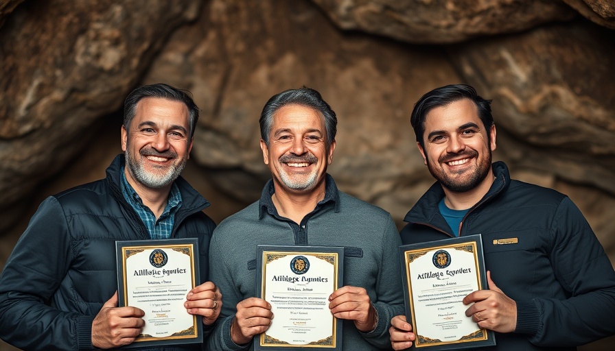Three men holding awards in a cave setting, Nashville music news.