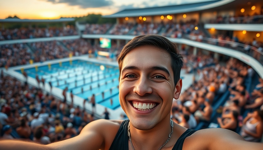 Crowd at swimming pool event highlights AI video generation.