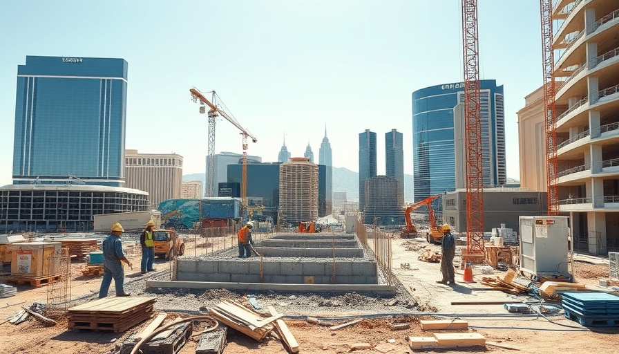 Construction site with crew in Las Vegas, athletic building permits scene.