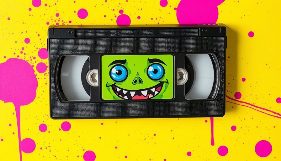 Whimsical VHS tape monster decoration for Halloween movies in New Orleans, vibrant background.