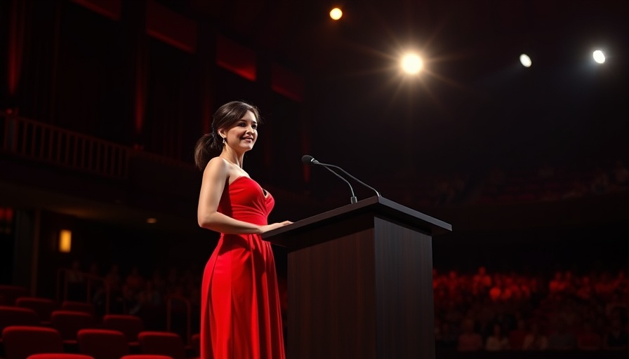 Elegant woman at podium during award ceremony in red dress.